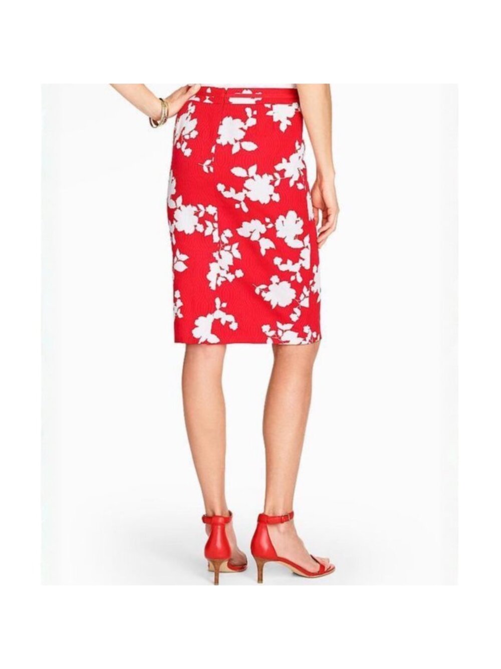 Talbots Skirt Women's 6P Red White Floral Jacquard Grosgrain Pencil Skirt Preppy